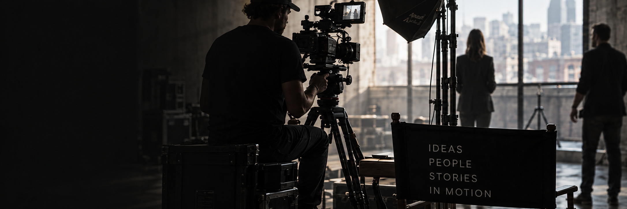 A camera operator filming in a sunlit industrial studio while two people look out over the city.